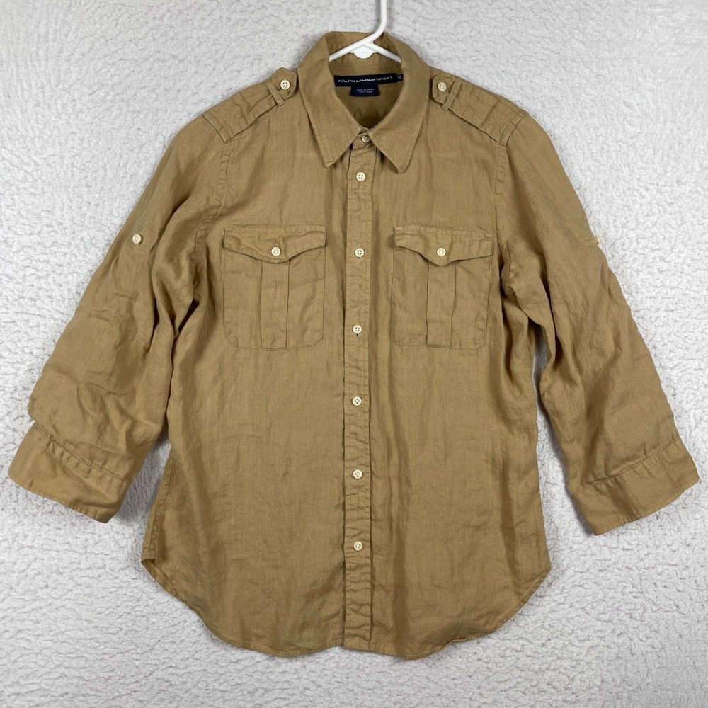 Ralph Lauren Sport Linen Button Down Shirt Womens 12 Safari Utility 3/4 Sleeve
